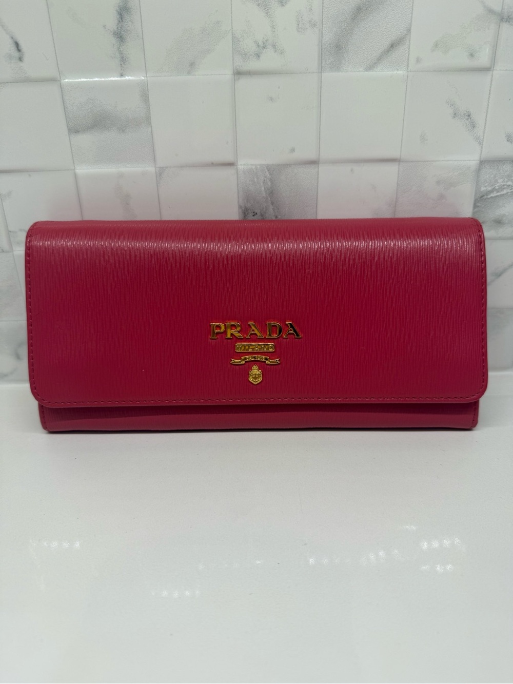 Authentic Prada Vitello Continental Wallet with Gold Logo Option for Chain